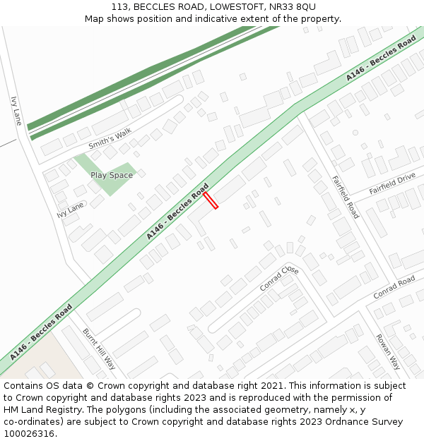 113, BECCLES ROAD, LOWESTOFT, NR33 8QU: Location map and indicative extent of plot