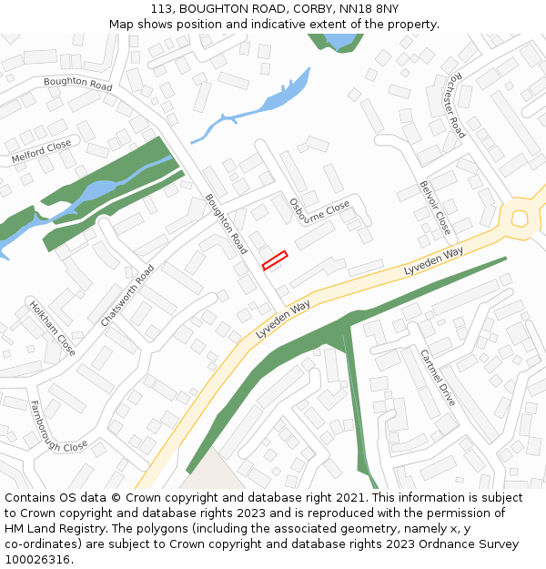 113, BOUGHTON ROAD, CORBY, NN18 8NY: Location map and indicative extent of plot