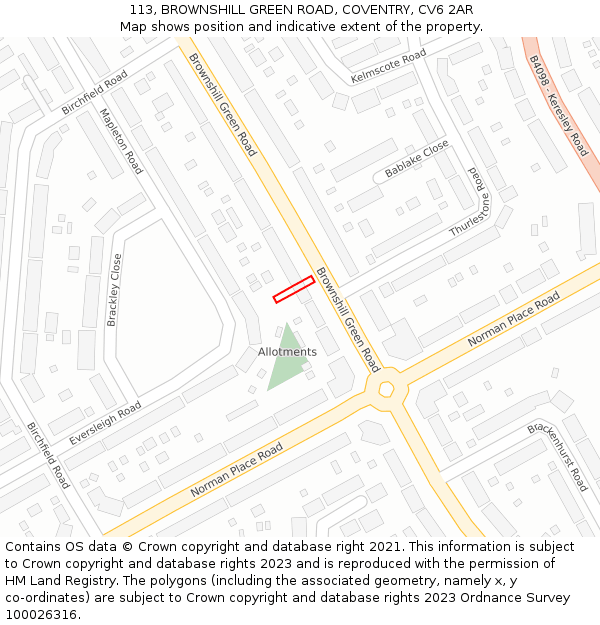 113, BROWNSHILL GREEN ROAD, COVENTRY, CV6 2AR: Location map and indicative extent of plot