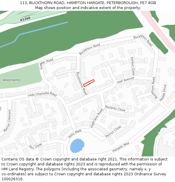 113, BUCKTHORN ROAD, HAMPTON HARGATE, PETERBOROUGH, PE7 8GB: Location map and indicative extent of plot