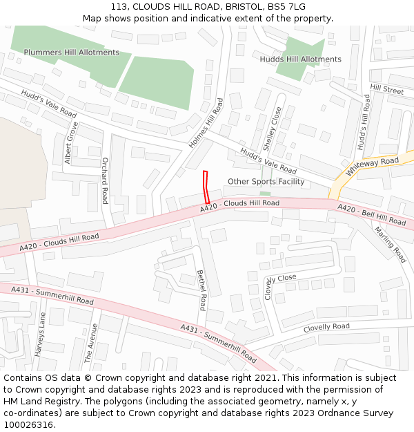 113, CLOUDS HILL ROAD, BRISTOL, BS5 7LG: Location map and indicative extent of plot
