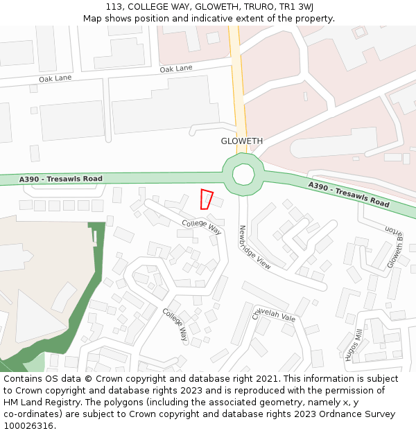 113, COLLEGE WAY, GLOWETH, TRURO, TR1 3WJ: Location map and indicative extent of plot
