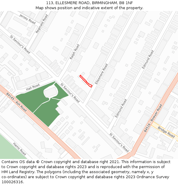 113, ELLESMERE ROAD, BIRMINGHAM, B8 1NF: Location map and indicative extent of plot