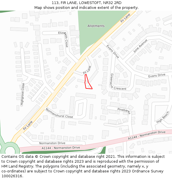 113, FIR LANE, LOWESTOFT, NR32 2RD: Location map and indicative extent of plot