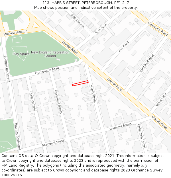 113, HARRIS STREET, PETERBOROUGH, PE1 2LZ: Location map and indicative extent of plot