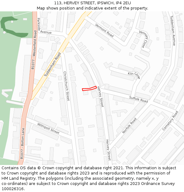 113, HERVEY STREET, IPSWICH, IP4 2EU: Location map and indicative extent of plot