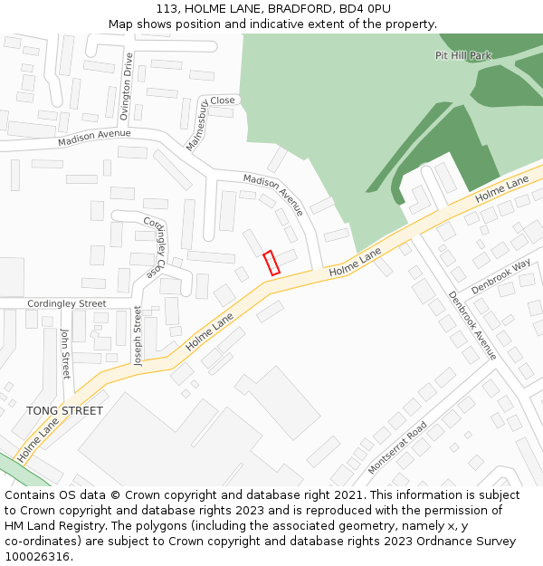 113, HOLME LANE, BRADFORD, BD4 0PU: Location map and indicative extent of plot