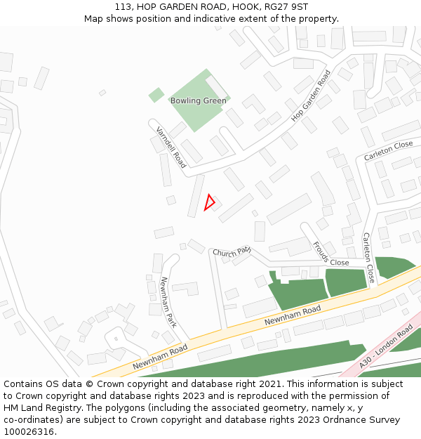 113, HOP GARDEN ROAD, HOOK, RG27 9ST: Location map and indicative extent of plot