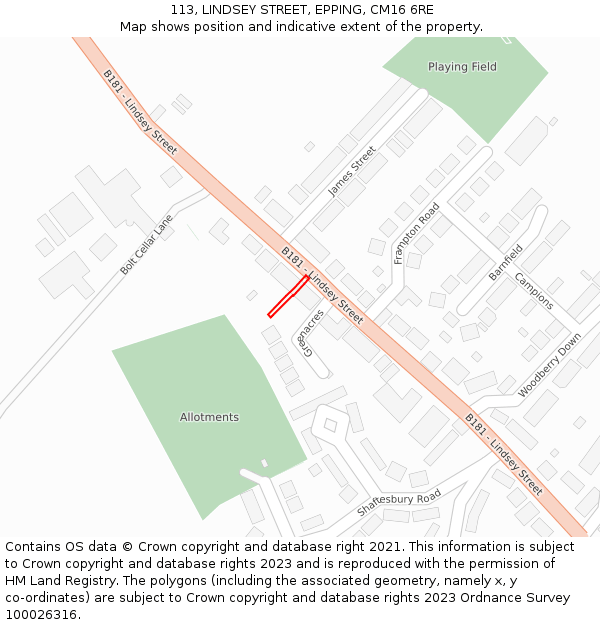 113, LINDSEY STREET, EPPING, CM16 6RE: Location map and indicative extent of plot
