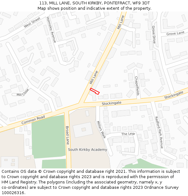 113, MILL LANE, SOUTH KIRKBY, PONTEFRACT, WF9 3DT: Location map and indicative extent of plot