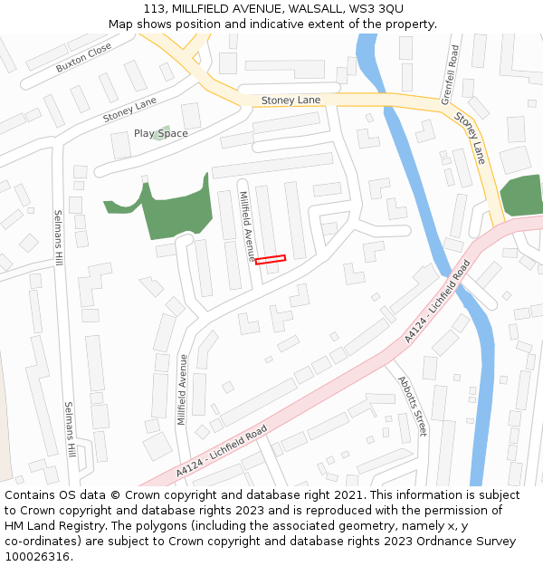 113, MILLFIELD AVENUE, WALSALL, WS3 3QU: Location map and indicative extent of plot