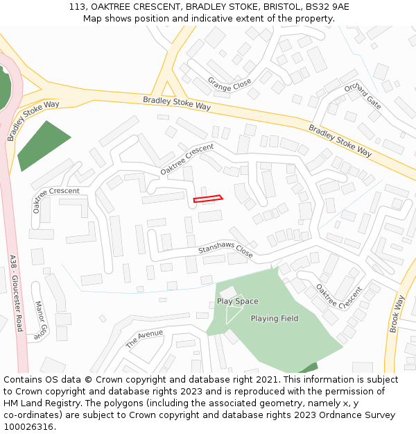113, OAKTREE CRESCENT, BRADLEY STOKE, BRISTOL, BS32 9AE: Location map and indicative extent of plot