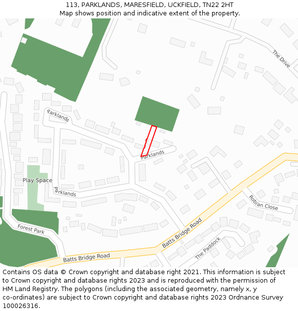 113, PARKLANDS, MARESFIELD, UCKFIELD, TN22 2HT: Location map and indicative extent of plot