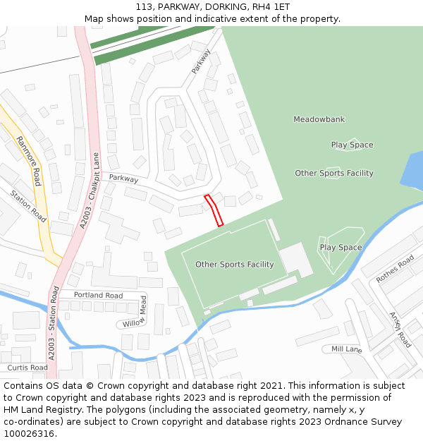 113, PARKWAY, DORKING, RH4 1ET: Location map and indicative extent of plot