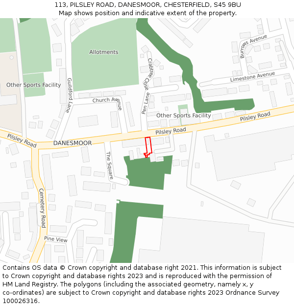 113, PILSLEY ROAD, DANESMOOR, CHESTERFIELD, S45 9BU: Location map and indicative extent of plot