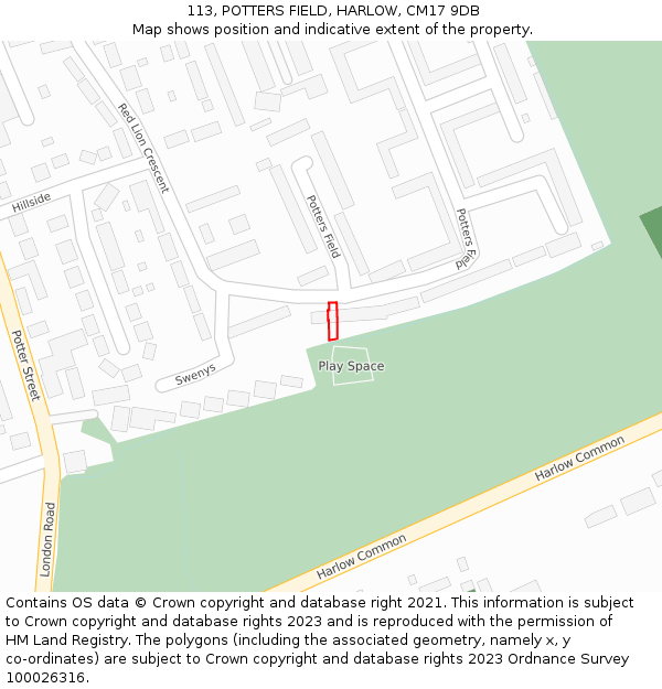113, POTTERS FIELD, HARLOW, CM17 9DB: Location map and indicative extent of plot