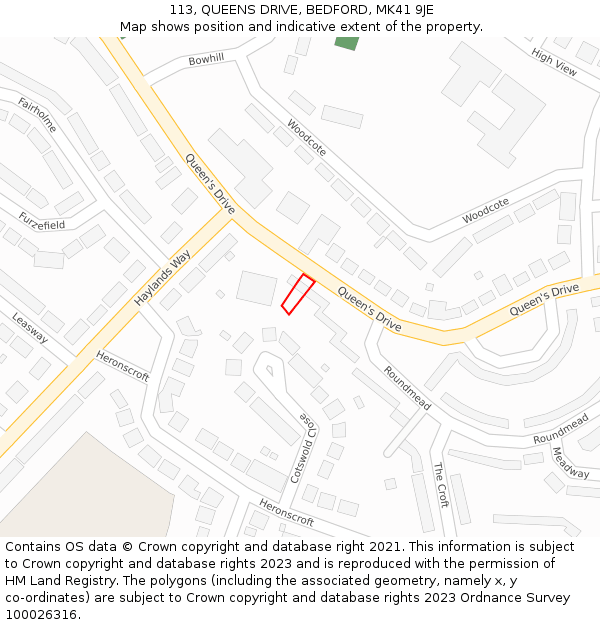 113, QUEENS DRIVE, BEDFORD, MK41 9JE: Location map and indicative extent of plot