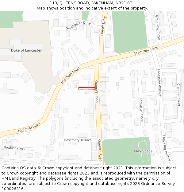 113, QUEENS ROAD, FAKENHAM, NR21 8BU: Location map and indicative extent of plot