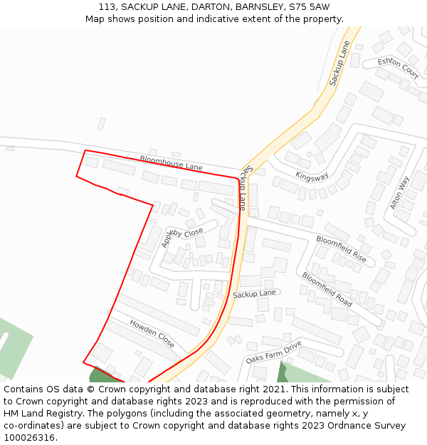 113, SACKUP LANE, DARTON, BARNSLEY, S75 5AW: Location map and indicative extent of plot