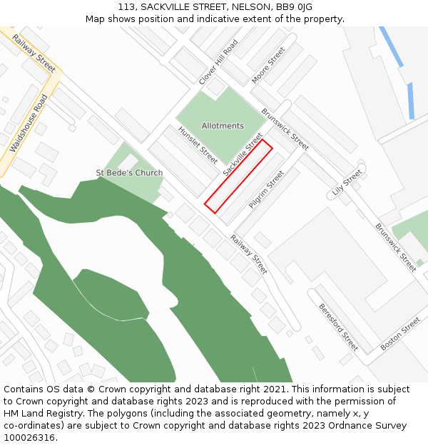113, SACKVILLE STREET, NELSON, BB9 0JG: Location map and indicative extent of plot