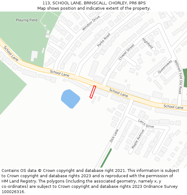 113, SCHOOL LANE, BRINSCALL, CHORLEY, PR6 8PS: Location map and indicative extent of plot