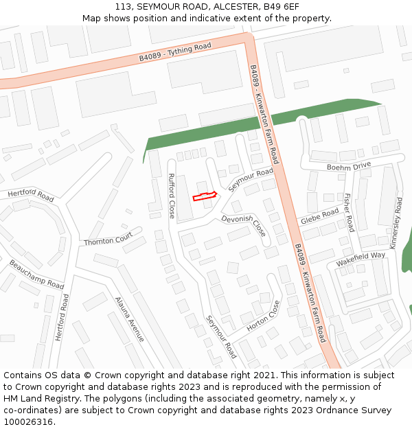 113, SEYMOUR ROAD, ALCESTER, B49 6EF: Location map and indicative extent of plot