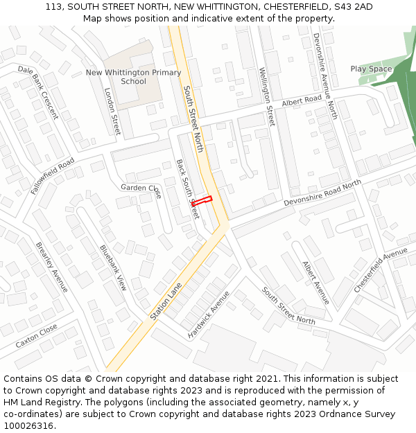 113, SOUTH STREET NORTH, NEW WHITTINGTON, CHESTERFIELD, S43 2AD: Location map and indicative extent of plot