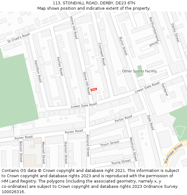 113, STONEHILL ROAD, DERBY, DE23 6TN: Location map and indicative extent of plot