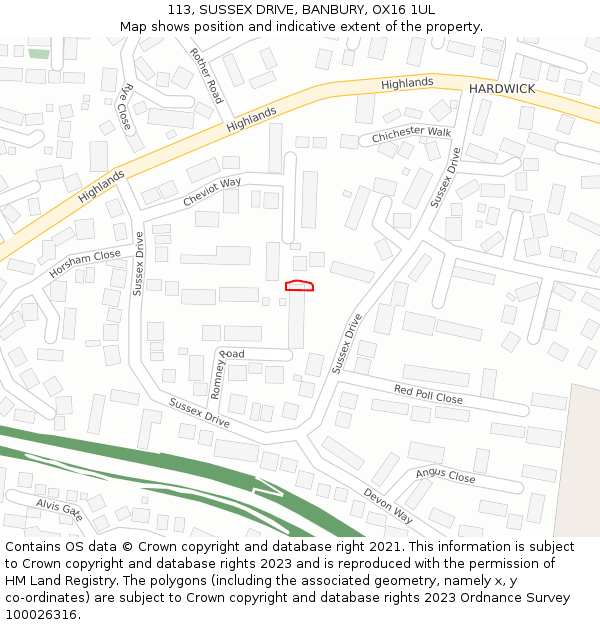 113, SUSSEX DRIVE, BANBURY, OX16 1UL: Location map and indicative extent of plot