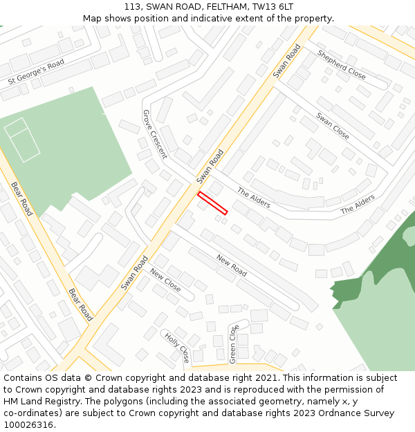 113, SWAN ROAD, FELTHAM, TW13 6LT: Location map and indicative extent of plot