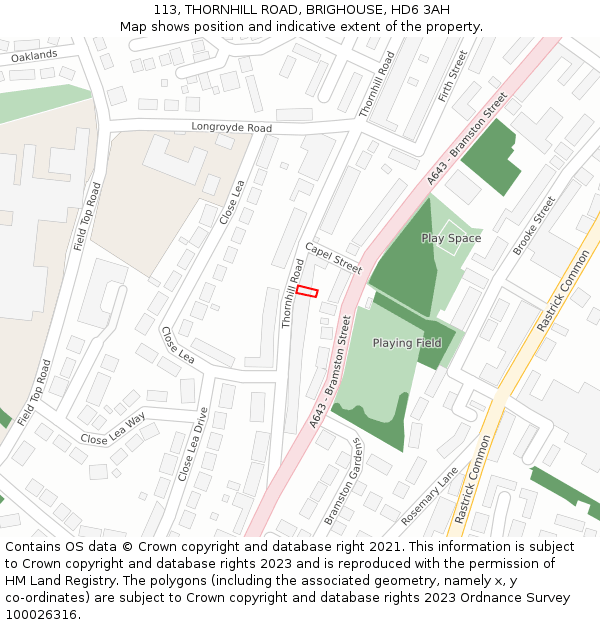 113, THORNHILL ROAD, BRIGHOUSE, HD6 3AH: Location map and indicative extent of plot