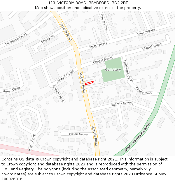 113, VICTORIA ROAD, BRADFORD, BD2 2BT: Location map and indicative extent of plot