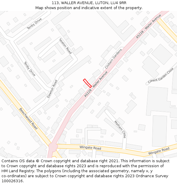 113, WALLER AVENUE, LUTON, LU4 9RR: Location map and indicative extent of plot