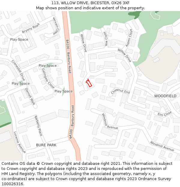113, WILLOW DRIVE, BICESTER, OX26 3XF: Location map and indicative extent of plot