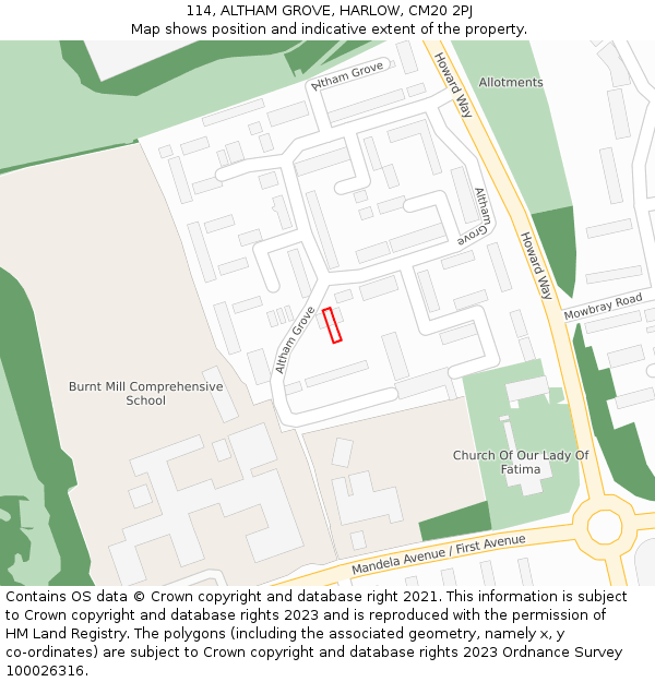 114, ALTHAM GROVE, HARLOW, CM20 2PJ: Location map and indicative extent of plot