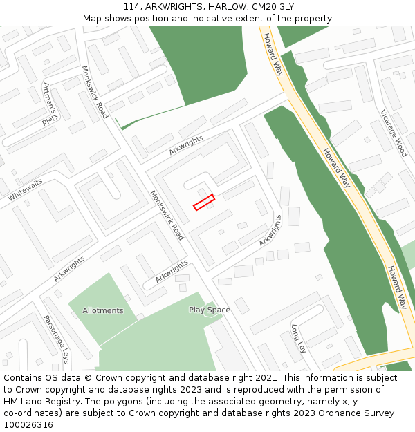 114, ARKWRIGHTS, HARLOW, CM20 3LY: Location map and indicative extent of plot