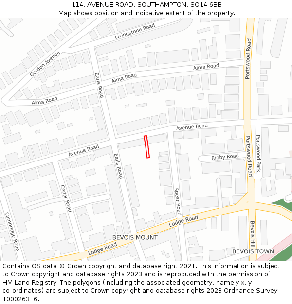 114, AVENUE ROAD, SOUTHAMPTON, SO14 6BB: Location map and indicative extent of plot