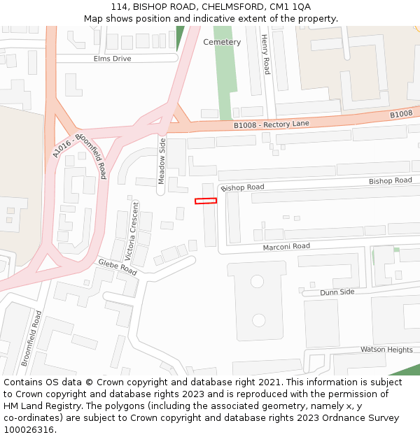 114, BISHOP ROAD, CHELMSFORD, CM1 1QA: Location map and indicative extent of plot