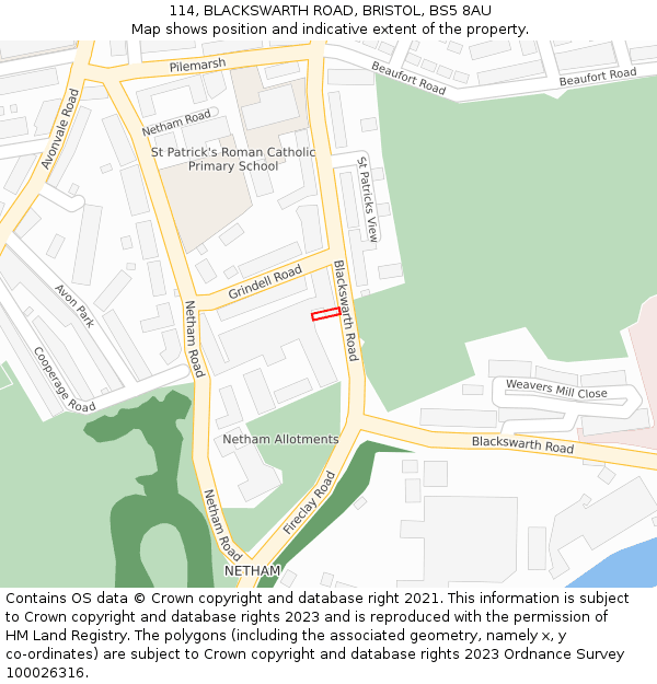 114, BLACKSWARTH ROAD, BRISTOL, BS5 8AU: Location map and indicative extent of plot