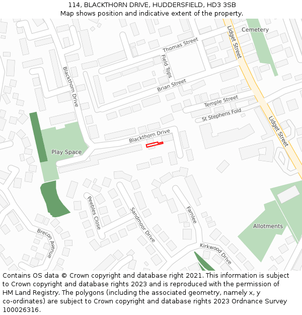 114, BLACKTHORN DRIVE, HUDDERSFIELD, HD3 3SB: Location map and indicative extent of plot