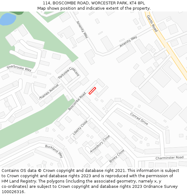 114, BOSCOMBE ROAD, WORCESTER PARK, KT4 8PL: Location map and indicative extent of plot