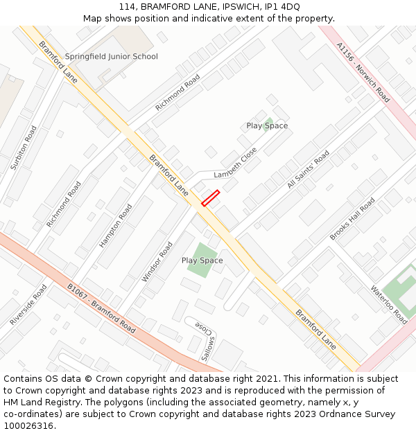 114, BRAMFORD LANE, IPSWICH, IP1 4DQ: Location map and indicative extent of plot