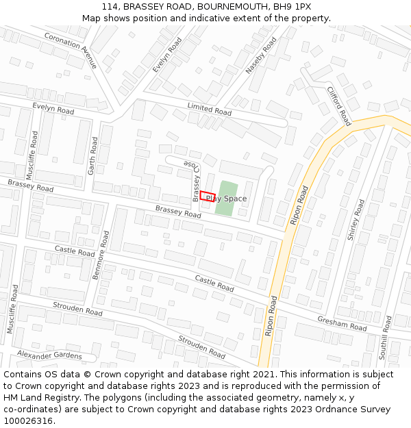 114, BRASSEY ROAD, BOURNEMOUTH, BH9 1PX: Location map and indicative extent of plot