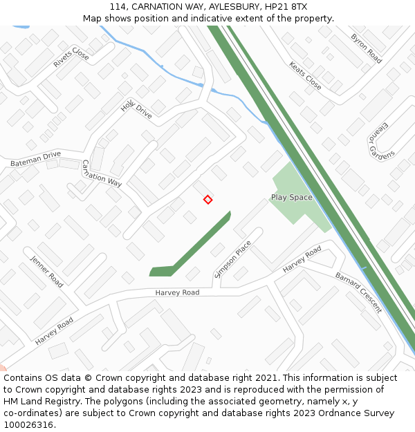 114, CARNATION WAY, AYLESBURY, HP21 8TX: Location map and indicative extent of plot
