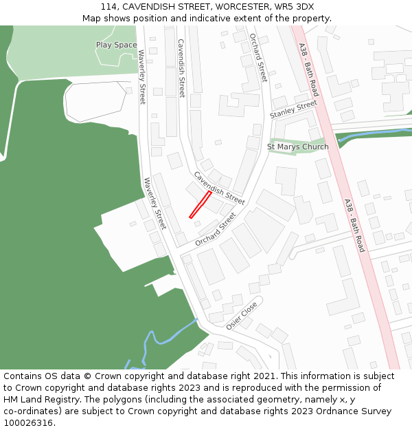 114, CAVENDISH STREET, WORCESTER, WR5 3DX: Location map and indicative extent of plot