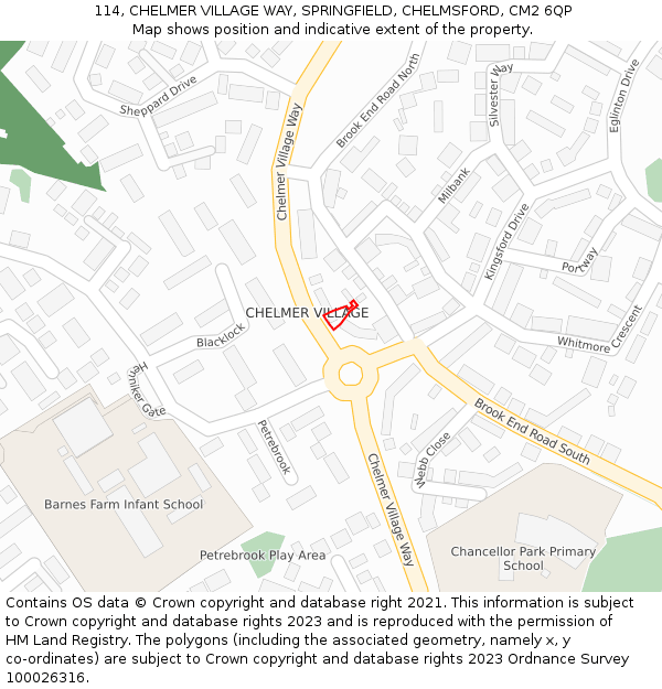 114, CHELMER VILLAGE WAY, SPRINGFIELD, CHELMSFORD, CM2 6QP: Location map and indicative extent of plot