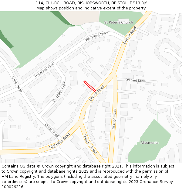 114, CHURCH ROAD, BISHOPSWORTH, BRISTOL, BS13 8JY: Location map and indicative extent of plot