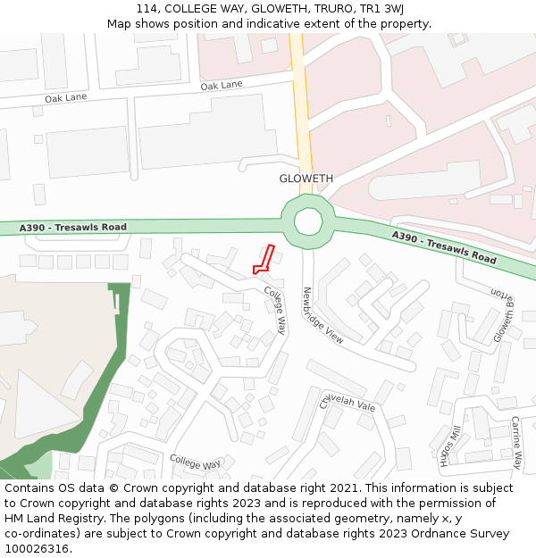 114, COLLEGE WAY, GLOWETH, TRURO, TR1 3WJ: Location map and indicative extent of plot