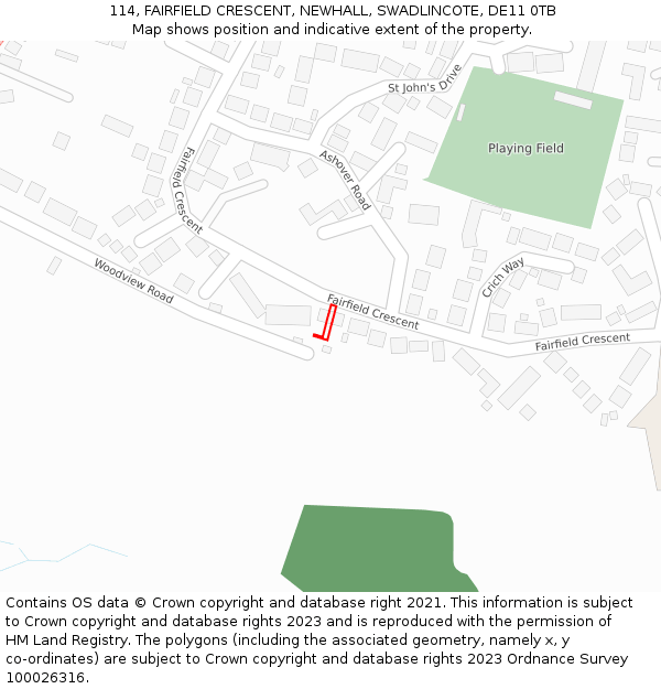 114, FAIRFIELD CRESCENT, NEWHALL, SWADLINCOTE, DE11 0TB: Location map and indicative extent of plot