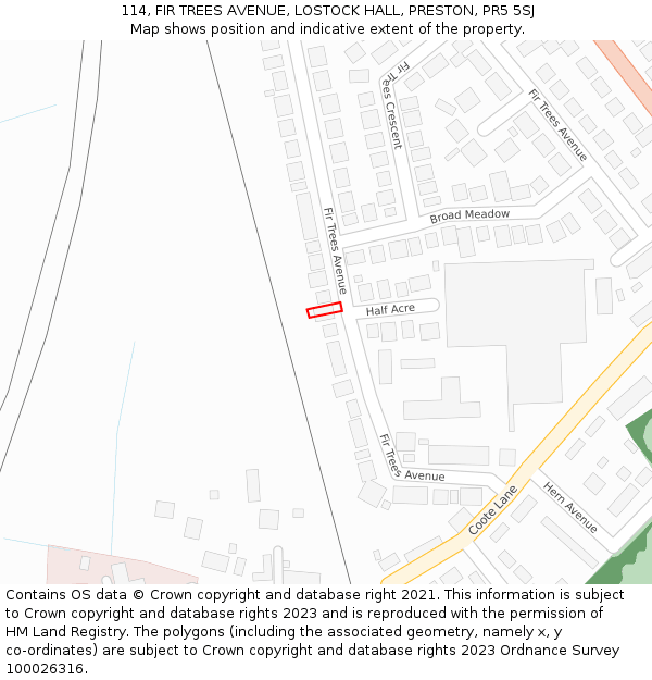 114, FIR TREES AVENUE, LOSTOCK HALL, PRESTON, PR5 5SJ: Location map and indicative extent of plot